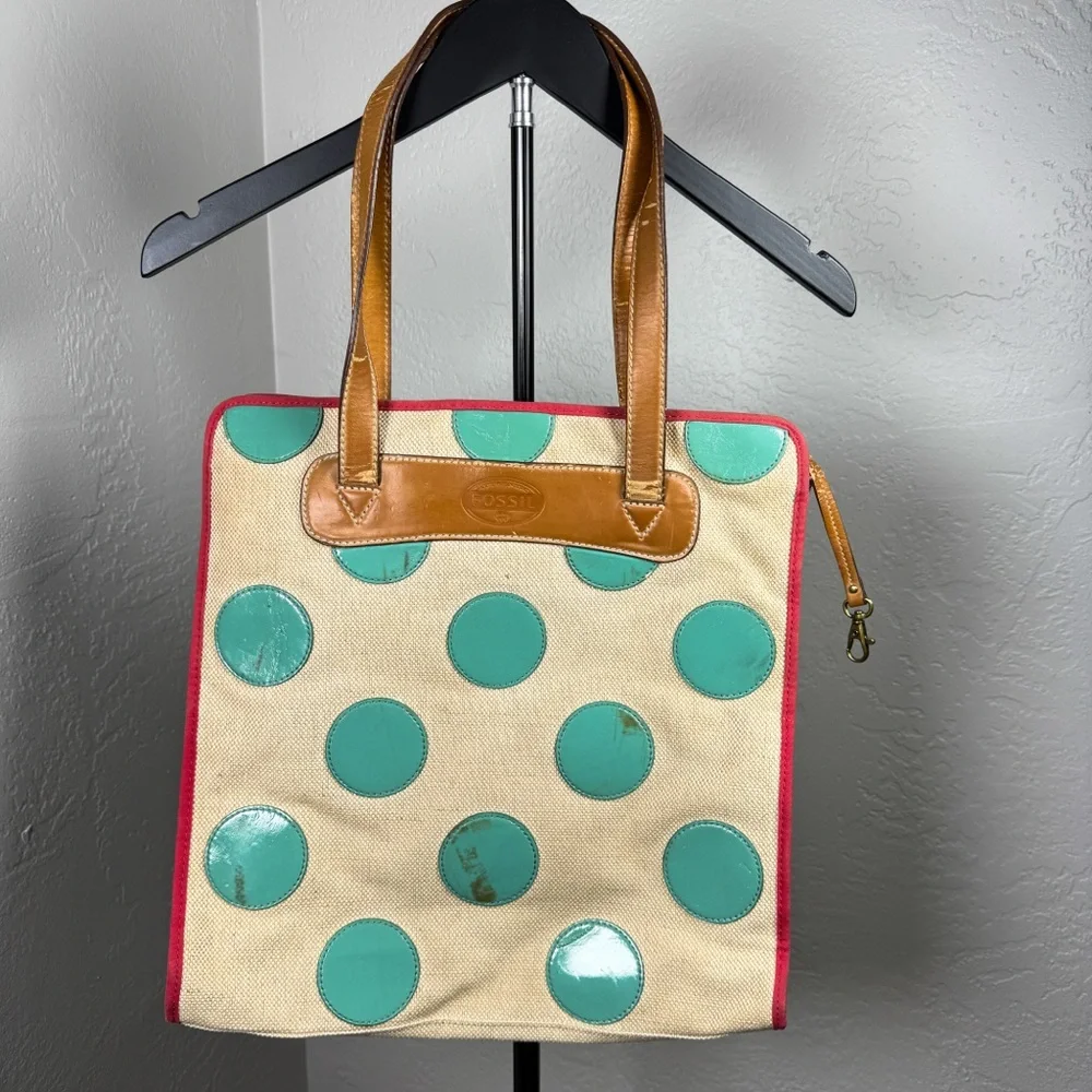Fossil Y2K Canvas & Leather Teal Polka Dot Tote Bag